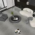 Modern Beige Curved Sofa Round Coffee Table Set with Gray Accent Chair and Plush Rug