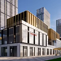 Modern Commercial Street With Glass Facades Wooden Accents Outdoor Seating Parasols And Green Lawn