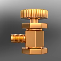 Golden Metal Mechanical Component With Knurled Knob Hexagonal Body And Threaded End 3d model