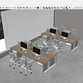 Modern Office Desk with Multiple Monitors Chairs and Potted Plants in Bright Room with Blinds