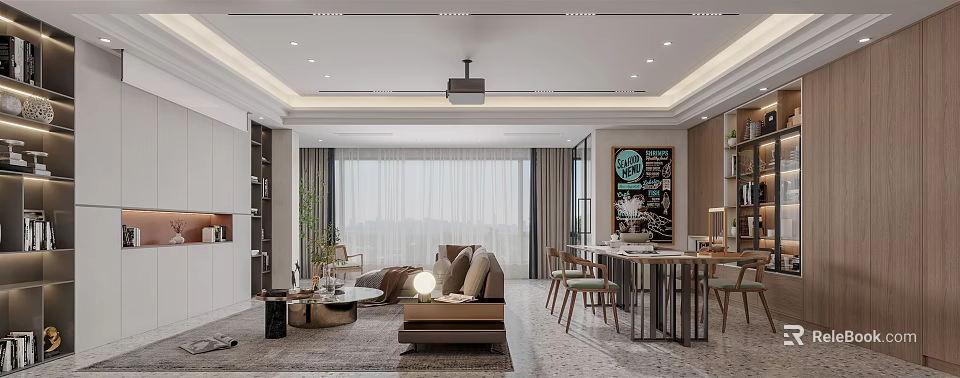 Modern Living Dining Room Interior With Sofa Coffee Table And Large Window Curtains 3d model