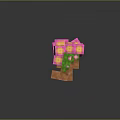 Character and Creature Pixel Style Cube Structure on Green Grass with Pink Flowers