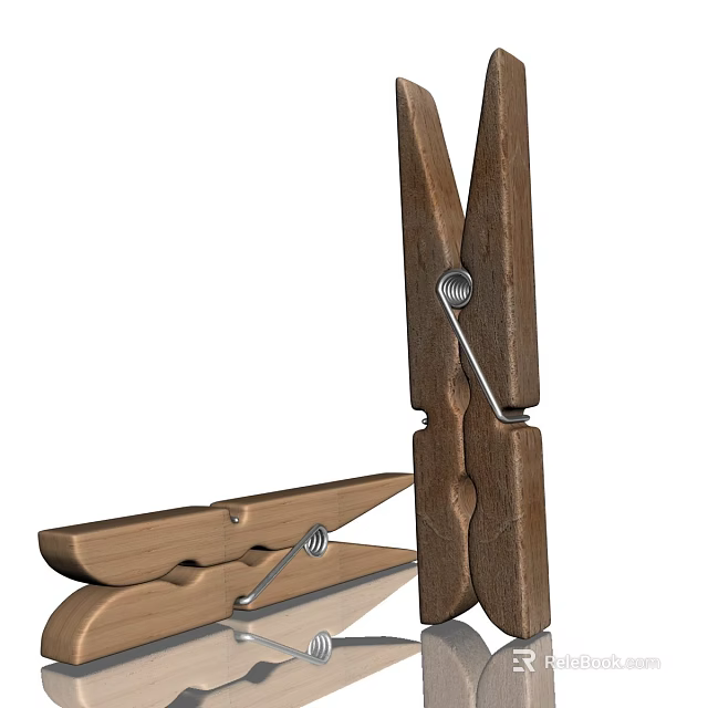 Two Wooden Clothespins For Laundry Drying With Metal Spring And Natural Finish 3d model 