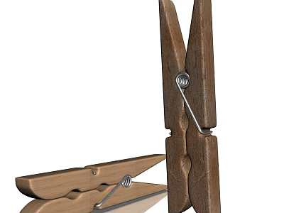 Two Wooden Clothespins For Laundry Drying With Metal Spring And Natural Finish 3d model