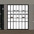 Stylish Glass Partition With Shelves Holding Black Brown Bowls And Green Plant