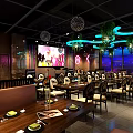 Modern Restaurant Interior With Blue Purple Lighting Circular Hanging Lights Large Screen And Dining Tables