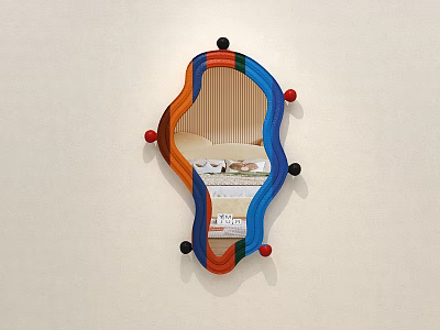 Unique Shape Wall Mounted Mirror With Colorful Frame And Dot Decorations Reflecting Room Scene 3d model