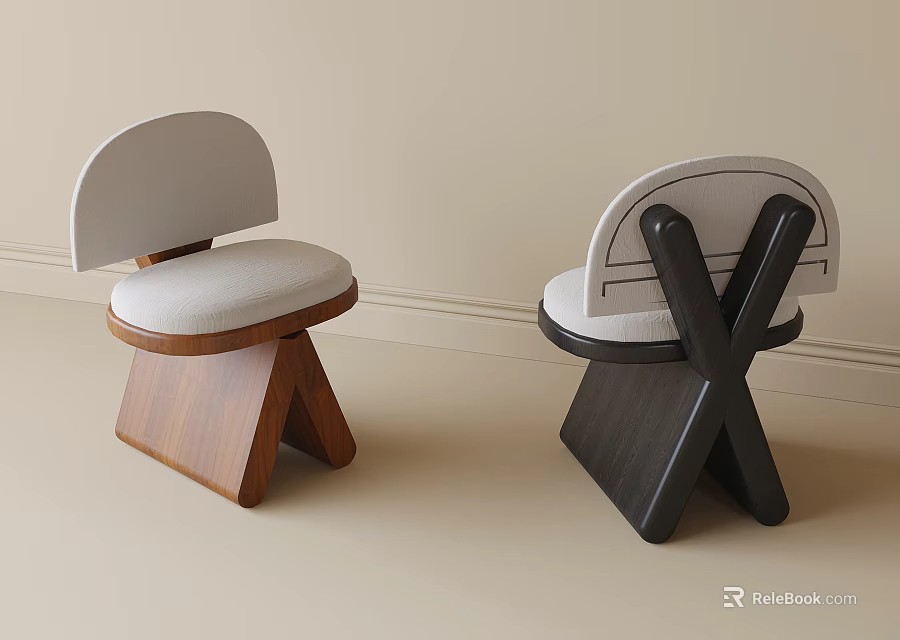 Modern Accent Chairs Featuring Light Upholstery And Wooden Triangular Black Cross Bases 3d model 