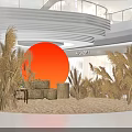 Stylish Shopping Mall Interior Decor With Red Circular Backdrop Golden Reeds Sofa And Ornaments