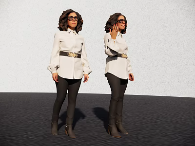 Women In White Shirts Black Pants And Brown Boots Standing By Light Gray Wall 3d model