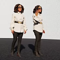 Women In White Shirts Black Pants And Brown Boots Standing By Light Gray Wall