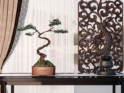 Pine Bonsai Plant In Brown Pot With Carved Screen And Curtain Decoration 3d model
