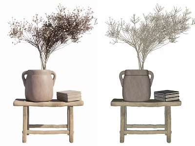 Earthenware Vase With Dried Flowers On Small Wooden Stool And Stack Of Books 3d model