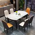 Modern Restaurant Dining Area With White Marble Table Gray Orange Chairs Potted Plant And Night View