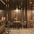 Elegant Modern Restaurant Interior With Wooden Geometric Walls Hanging Lights And Dining Tables