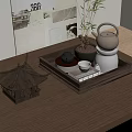 Traditional Tea Setup With Wooden Tray Teapot Mini Pavilion And Wall Art On Wooden Tabletop