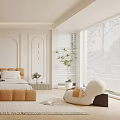 Modern Bedroom Interior Design With Orange Headboard Bed White Wardrobes Recessed Lighting And Potted Plant