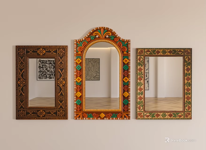 Decorative Mirrors With Ornate Frames Displayed On Wall In Varied Designs 3d model
