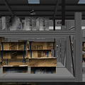 Spacious Open Market Interior With Rows Of Shelves Hanging Signs And People Shopping
