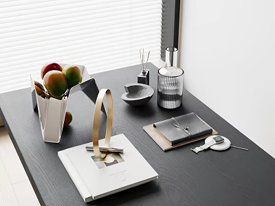 Modern Tabletop Arrangement With White Vase Fruits Black Bowl Transparent Cup And Notebook 3d model