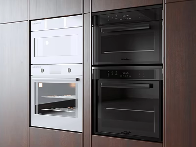 Modern Built-in Kitchen Appliances With White And Black Ovens In Wooden Cabinets 3d model