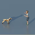 Game Character Boy Standing Holding Object Interacting With Spotted Dog on Blue Surface 3d model