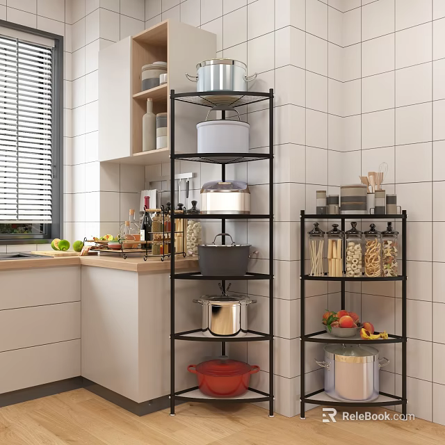 Modern Kitchen Storage Rack With Pots Cans Pasta Fruits And White Tiled Wall 3d model 