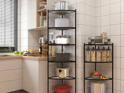 Modern Kitchen Storage Rack With Pots Cans Pasta Fruits And White Tiled Wall 3d model