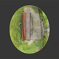Cartoon Scenery Featuring Brown Building Red Roof Arched Windows Green Grass Stone Steps Circular Base