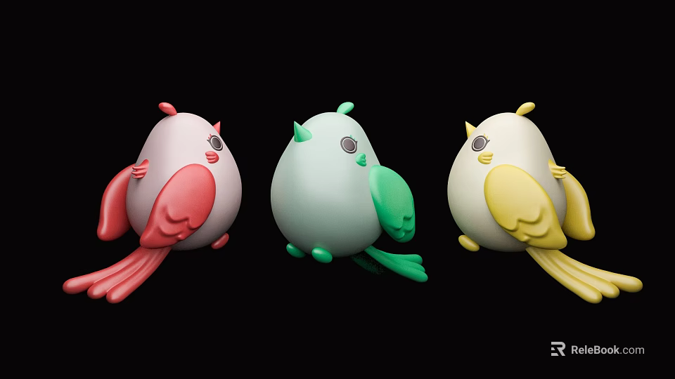 Cute Cartoon Egg Shaped Flying Animal Bird Characters with Pink Green Yellow Colors 3d model 
