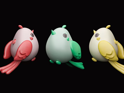 Cute Cartoon Egg Shaped Flying Animal Bird Characters with Pink Green Yellow Colors 3d model