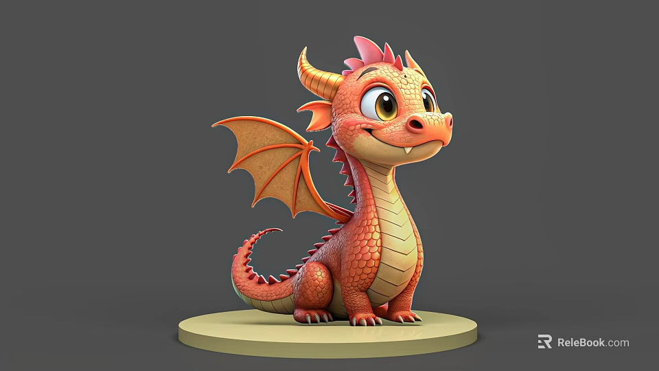 Cute Red Orange Flying Dragon 3D Model With Wings Horns And Big Eyes On Base 3d model 