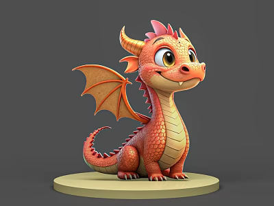 Cute Red Orange Flying Dragon 3D Model With Wings Horns And Big Eyes On Base 3d model