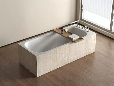 Modern Built in Stone Bathtub with Wooden Shelf and Bath Products 3d model