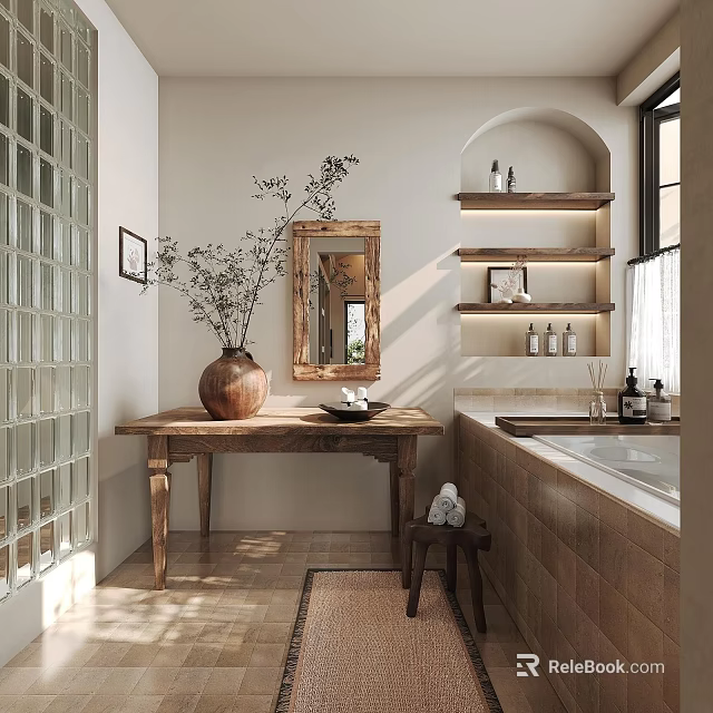 Bathroom Interior With Glass Brick Wall Wooden Vanity Mirror Shelves Bathtub And Natural Light 3d model 