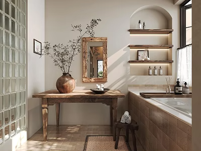 Bathroom Interior With Glass Brick Wall Wooden Vanity Mirror Shelves Bathtub And Natural Light 3d model