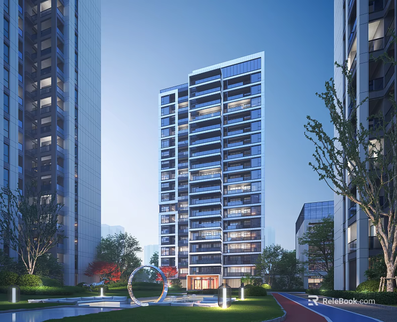 Modern High Rise Residential Building With Glass Curtain Walls Green Trees And Landscaped Water Feature 3d model 