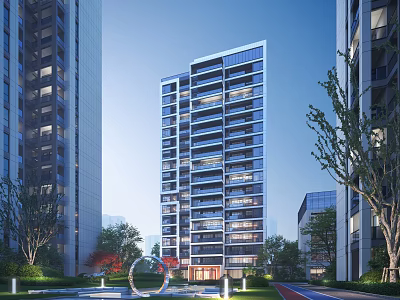 Modern High Rise Residential Building With Glass Curtain Walls Green Trees And Landscaped Water Feature 3d model