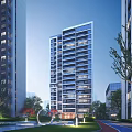 Modern High Rise Residential Building With Glass Curtain Walls Green Trees And Landscaped Water Feature