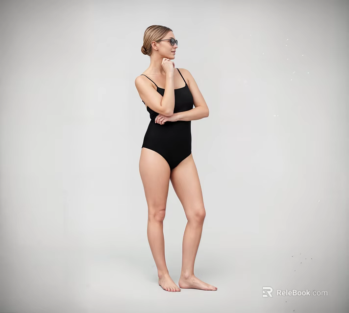 Woman Standing In Black Swimsuit With Sunglasses Against White Background 3d model
