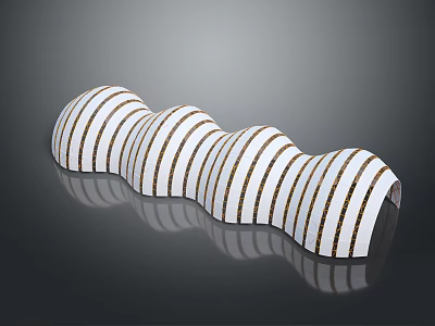 White Wavy Decorative Object With Gold Stripes On Black Reflective Surface 3d model