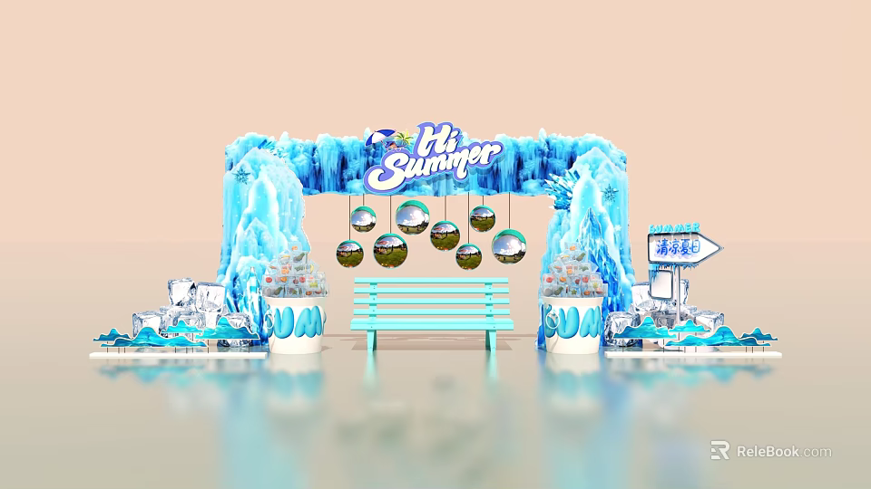 Summer Photo Check In Spot with Icy Blue Arch Decorative Orbs Bench And Refreshing Signpost 3d model 