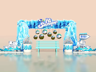 Summer Photo Check In Spot with Icy Blue Arch Decorative Orbs Bench And Refreshing Signpost 3d model
