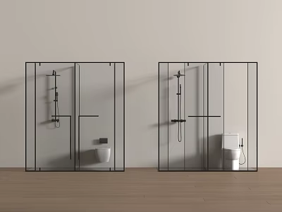 Modern Shower Sauna Room With Glass Partitions White Toilet Washbasin And Wooden Floor 3d model