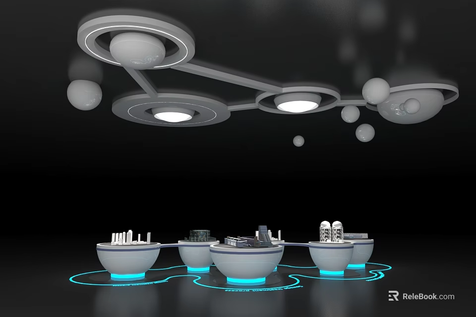 Modern Display Shelves With White Stands Blue Light Rings And Ceiling Lighting 3d model 