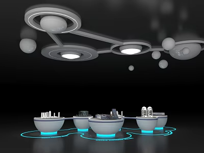 Modern Display Shelves With White Stands Blue Light Rings And Ceiling Lighting 3d model