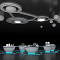 Modern Display Shelves With White Stands Blue Light Rings And Ceiling Lighting
