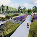 Scenic Landscape Bridge with Tall Trees Lush Grassland Water Area and Pedestrian Pathway