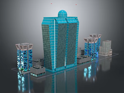 Cartoon Cityscape With Tall Glass Tower Dome Surrounding Buildings Green Plants And Reflective Ground 3d model