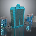 Cartoon Cityscape With Tall Glass Tower Dome Surrounding Buildings Green Plants And Reflective Ground